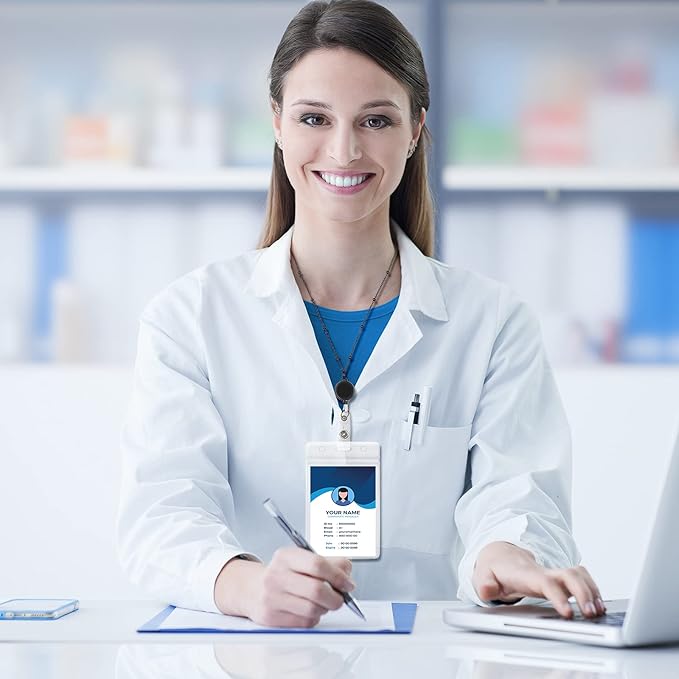 Outus 2 Pieces Badge Lanyard with ID Holders Stainless Steel Badge Holders Necklace Retractable Reel Clip Chain Water Resistant Name(Black, Gray)