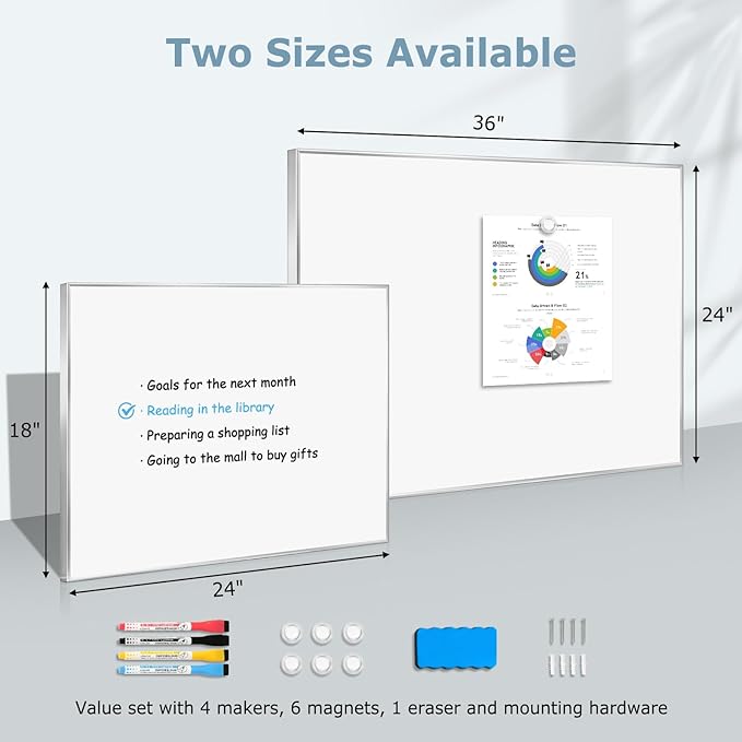 Whiteboard for Wall, 24" x 18" Magnetic White Board Dry Erase Board with Silver Aluminum Frame, Hanging Wipe Board for Office, Home, School