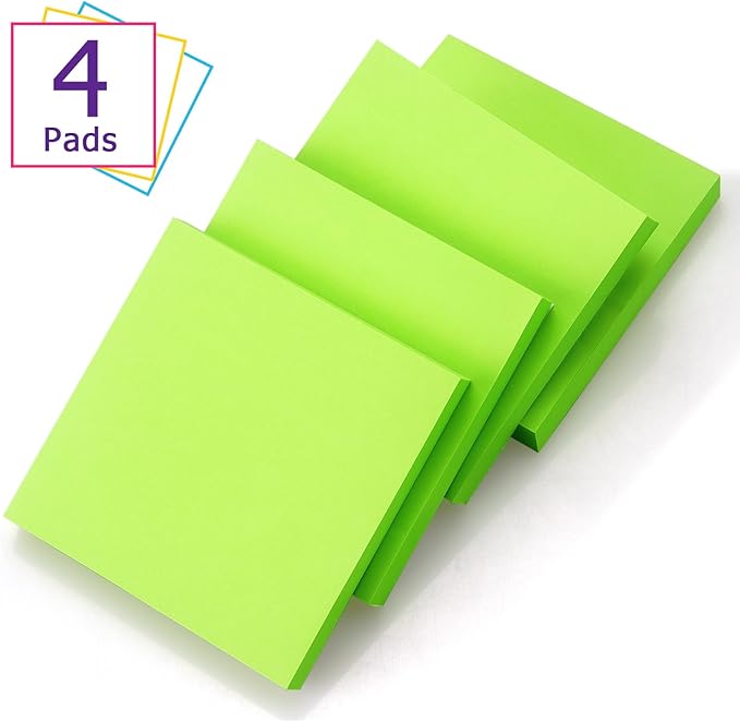 Sticky Notes 3x3 Self-Stick Notes Bright Colors Sticky Notes 4 Pads 100 Sheets/Pad (Green)