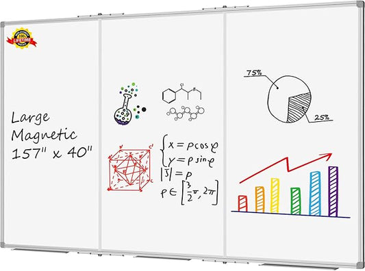 Lockways Large Magnetic 157" x 40" Dry Erase Board, Foldable Wall Mounted Whiteboard| White Board with Pen Tray for Business,Team,Home Office,Home Education and School Classroom