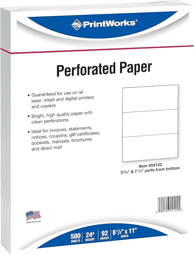 PrintWorks Professional Perforated Paper for Statements, Invoices, Gift Certificates, Coupons and More, 8.5 x 11, 24 lb, 2 Horizontal Perfs 3 2/3" and 7 1/3" From Bottom, 2500 Sheets, White (04122C)