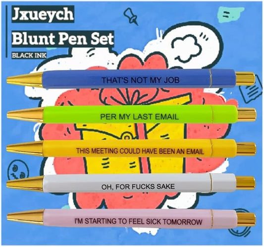 Jxueych Funny Pens 5-Count, Black Ink,Medium Nib 1.0mm, Funny Office Gifts for Coworkers, Personalized Pens Vibrant Funny Quotes Swear Word Daily Pen Set (Blunt Pens)