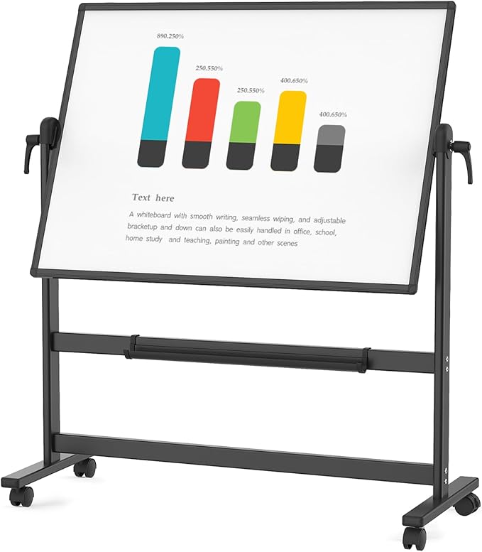 VIZ-PRO Double-Sided Magnetic Mobile Whiteboard, 48 x 36 Inches, Black Aluminium Frame and Stand