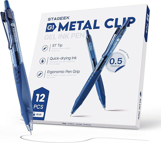 12 Pack Blue Gel Pens, Quick Dry Blue Ink Pens, 0.5mm Fine Point Retractable Smooth Writing Pens for Journaling, Writing, Business Gel Pen for Office School & Home Supplies(Blue)