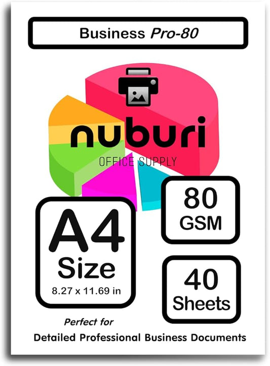 Nuburi - A4 Size Printer Paper - Great for Professional Documents - 80 gsm / 21lb (40 Sheets)