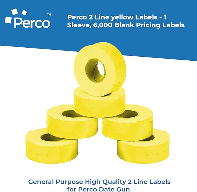 Perco 2 Line Yellow Labels - 8 Rolls, 1 Sleeve, 6,000 Blank Price and Date Gun Labels for Perco 2 Line Price and Date Guns - Made in USA