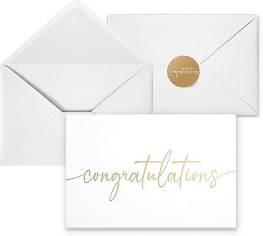 Congratulations Cards with Envelopes and Matching Stickers, Matte Gold Foil Design - Bulk Pack of 20, 4x6 Inch Minimalistic - Suitable for Business, Graduation, Weddings and Milestone Celebrations