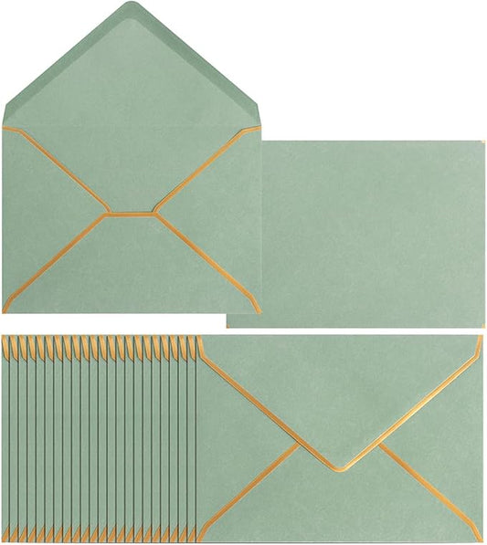 Homtable 50 Pack Sage Green A7 Envelopes 5 x 7 Self-Adhesive V Flap Envelopes with Gold Border for Office, Greeting Card, Wedding, Graduation, Baby Shower, Parties, Invitations (Sage Green, 5x7)