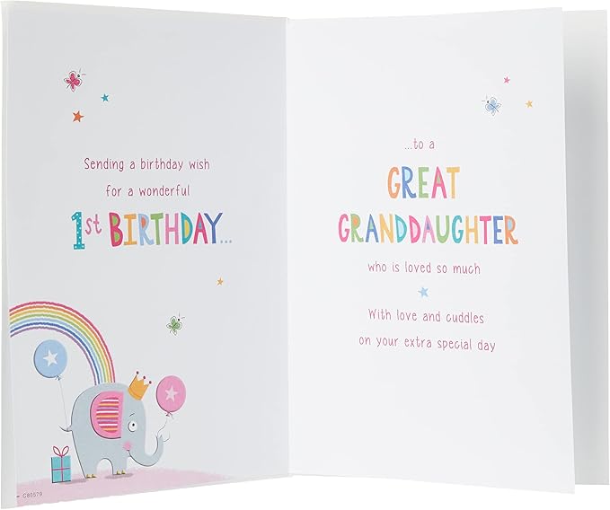 Regal Publishing Juvenile Birthday Card Age 1 Great Granddaughter - 9 x 6 inches,Yellow|White|red|Silver|Blue|Pink