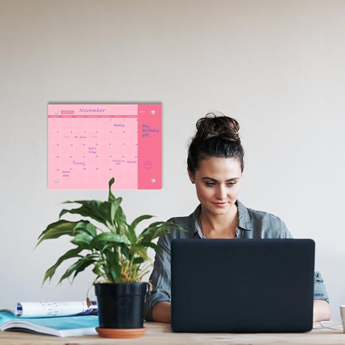 Glass Dry Erase Whiteboard, Monthly Calendar Whiteboard, Frameless Glass White Board for Home, School, Office, Pink Surface, 12" x 16"(GlassA-PK-3040)