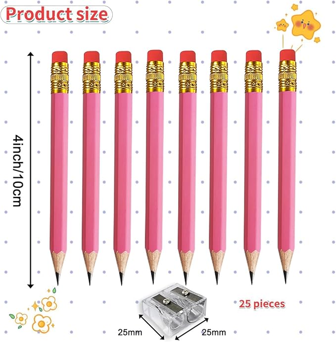 Adhere 25pcs Golf Pencils with eraser Hexagon Wooden Pencils Graphite 2B for Golf Event Scoring,Classroom,Wedding,Company Meetings,Pew, Pocket (Pink)