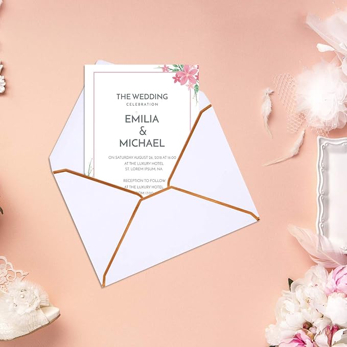 50 Pack A7 Envelopes 5 x 7 Card Envelopes Self-Adhesive V Flap Envelopes with Gold Border for Office, Wedding Gift Cards, Invitations, Graduation, Baby Shower, Parties (White)