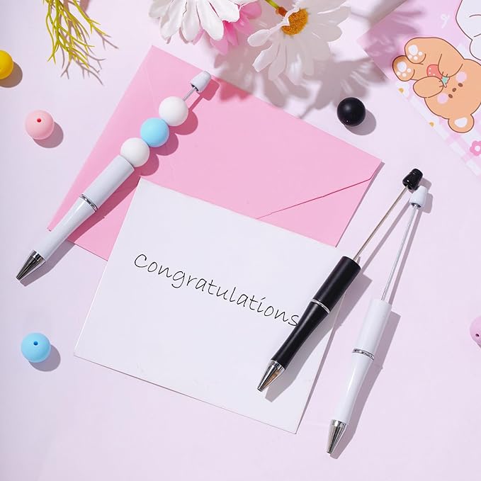 jiebor 30Pcs Beadable Pens Plastic Bead Pen Black Ink Ballpoint Pens Diy Pens Cute Cool Pens for Teacher Bridal Women Men Graduation Gift Office Supplies Black White