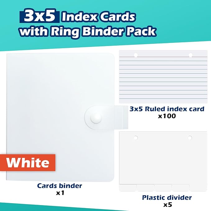 3x5 Lined Index Cards with Ring Binder Holder and Dividers, 100 Ruled Cards, White
