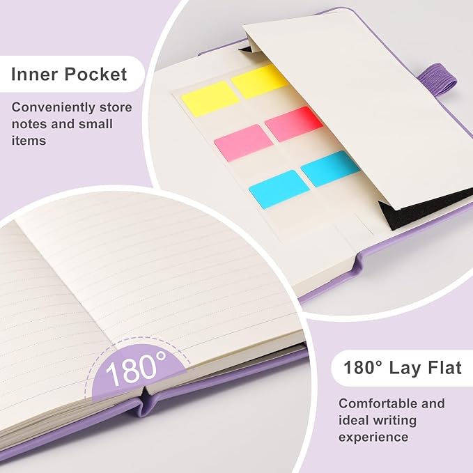 EMSHOI Lined Journal Pocket Notebook - A6 Small Leather Hardcover Notebook for Women, College Ruled 160 Numbered Pages, Mini Notepad for Travel Work School Office Writing Gifts 3.7x5.7, Light Purple