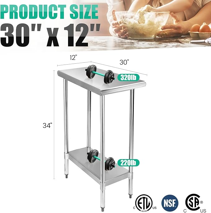 STABLEINK NSF Stainless Steel Table, 30 x 12 Inches Metal Prep & Work Table with Adjustable Undershelf, for Commercial Kitchen, Restaurant, Hotel and Garage,Small Stainless Steel Table