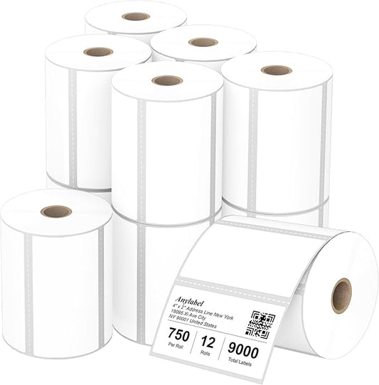 Compatible 4" x 2" Direct Thermal Labels Replacement for Barcodes Postage Address Shipping Compatible with Rollo & Zebra Desktop Printers Adhesive & Perforated (12 Rolls, 750 Labels/Roll)