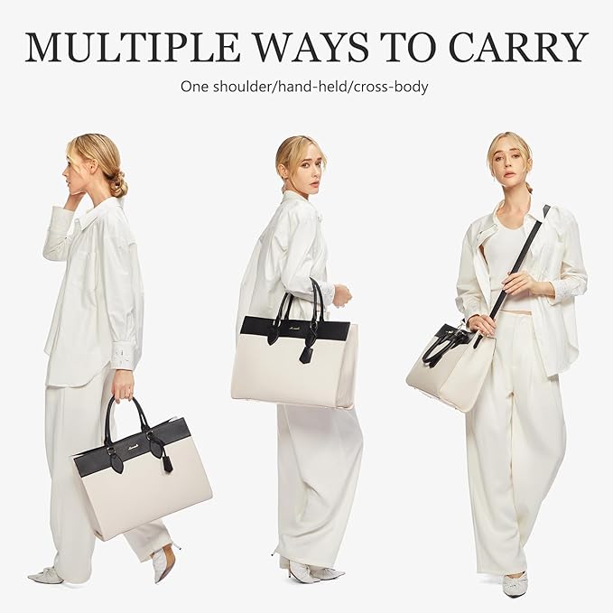 LOVEVOOK Laptop Bag for Women, 15.6 inch Laptop Tote Work Bag Purse, Large Waterproof Leather Computer Briefcase for Office, Beige-Black