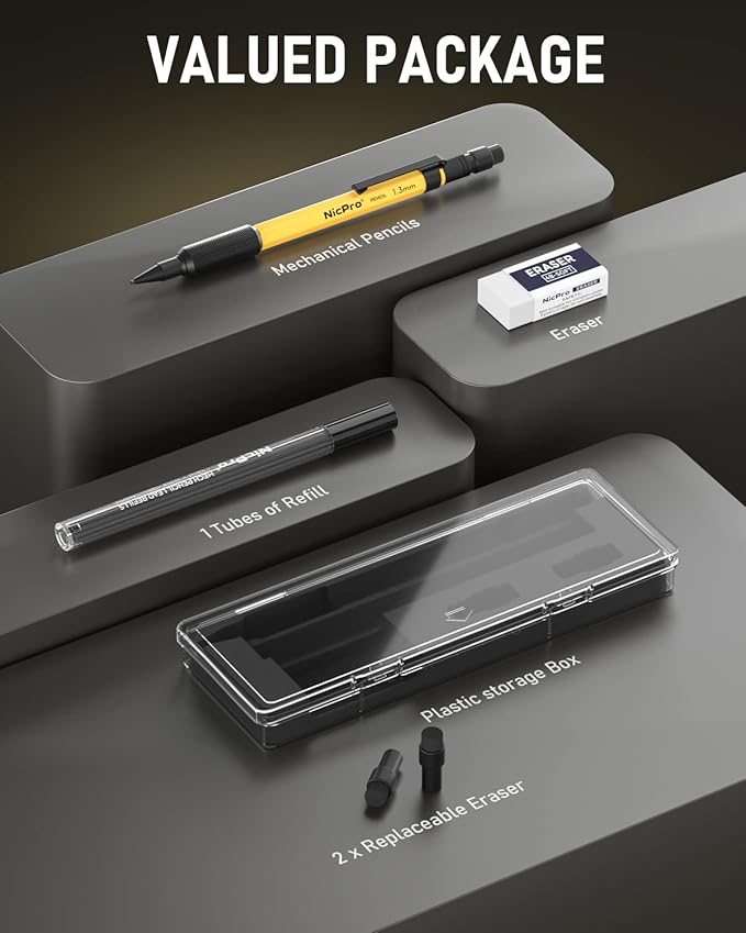 Nicpro 1.3 mm Mechanical Pencil Set with 12 Lead Refill, Eraser - Weatherproof Metal MP2000 Heavy Duty Carpenter Pencil for Outdoor Marking Drafting Drawing Sketching Woodworking - with Case