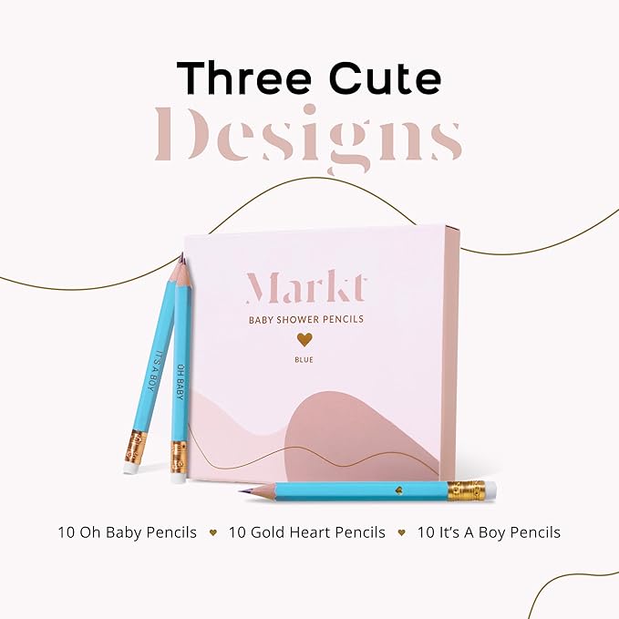 Markt Mini Pencils For Baby Shower Games Boy, Heart Pencils, Small Blue Pencil Set With Erasers