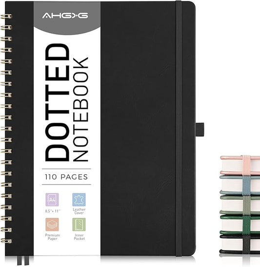 AHGXG Bullet Dotted Journal Spiral Notebook 8.5" x 11", Large A4 Leather Hardcover Dotted Notebook, 100 GSM Thick Dot Grid Paper, Inner Pocket, for Bullet Journaling, Black