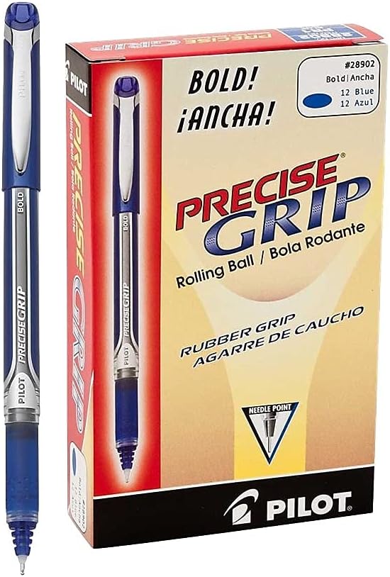 Pilot, Precise Grip Liquid Ink Rolling Ball Stick Pens, Bold Point 1 mm, Blue, Pack of 12