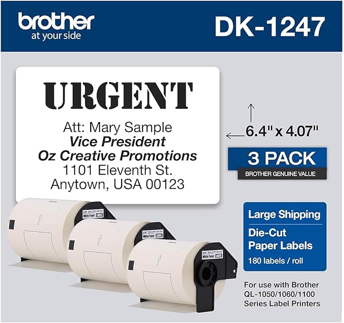 Brother Genuine DK-12473PK Die-Cut Large Shipping Paper Labels, 4.07 in x 6.4 in (103 mm x 164 mm) Large Shipping White Paper Labels, 180 Labels per Roll, (3) Rolls per Box, DK12473PK