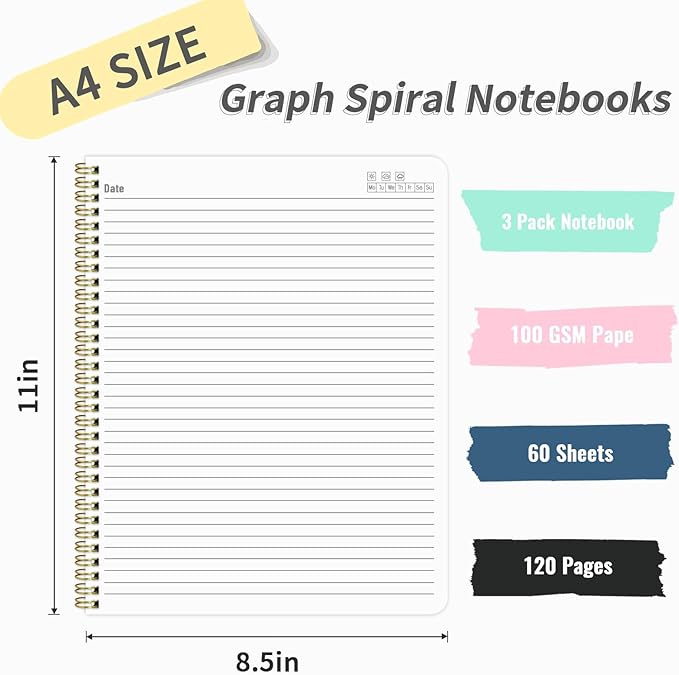 Spiral Notebook 8.5" x 11", A4 Lined Pink Hardcover College Ruled Notebook for Work, 120 Pages 100GSM Large Thick Spiral Writing Journal for Women & Men