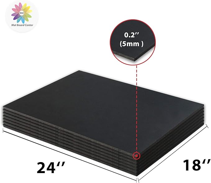 Mat Board Center, Pack of 10 Acid-Free Foam Boards, 18x24 inch Black Foam Boards, 3/16" Thick