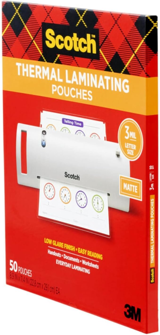 Scotch Matte Thermal Laminating Pouches, Ultra Clear with Matte Finish, Letter Size 8.9 in x 11.4 in, 50-Pack