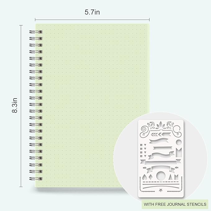 AHGXG Bullet Dotted Journal, 3 Pack Spiral Notebook A5, with 100GSM Thick Dot Grid Paper, Transparent Hardcover, Journal Stencils, 80 Sheets, 5.7" x 8.3", Yellow, Green, Blue