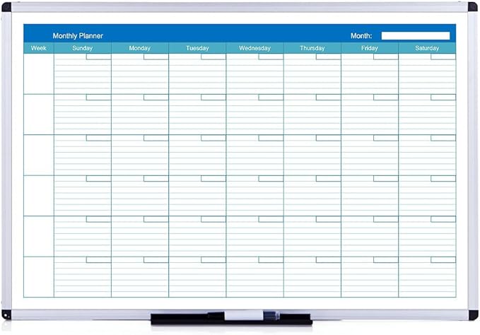 VIZ-PRO Magnetic Dry Erase Monthly Planner, 48 X 36 Inches, Silver Aluminium Frame