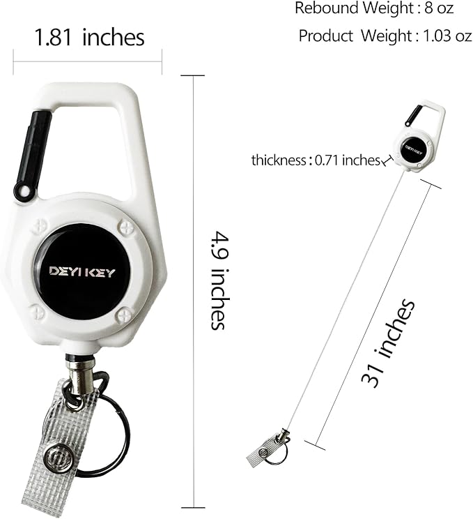 Retractable Keychain Heavy Duty, Multitool Carabiner Badge Holder, Retractable Keychain Clip Id Holder, Tactical ID Badge Reel with 29.5" Steel Retractable Cord, 2Pack White