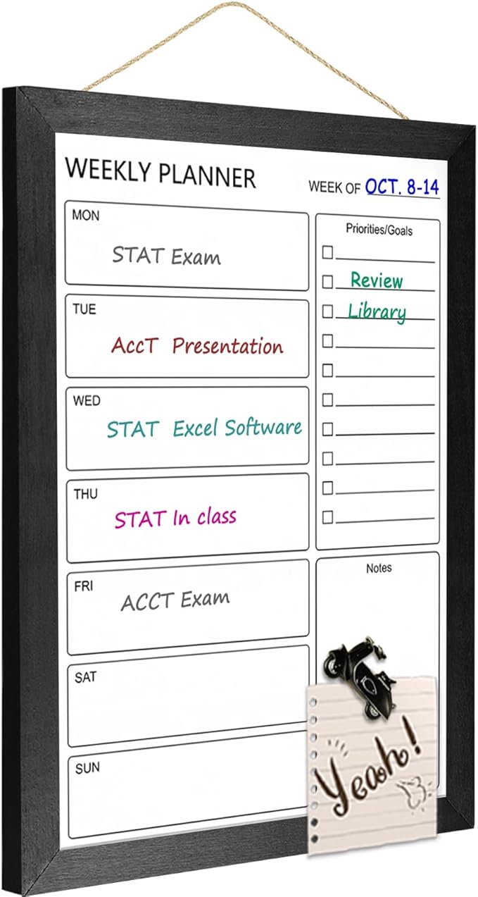 Dry Erase White Board Weekly Calendar Board, Magnetic Whiteboard for Wall, 10.5“x14.5” Solid Wood Black Framed Message Board, Planner Board for Office, Home, School(Weekly-BB-BK-2737)