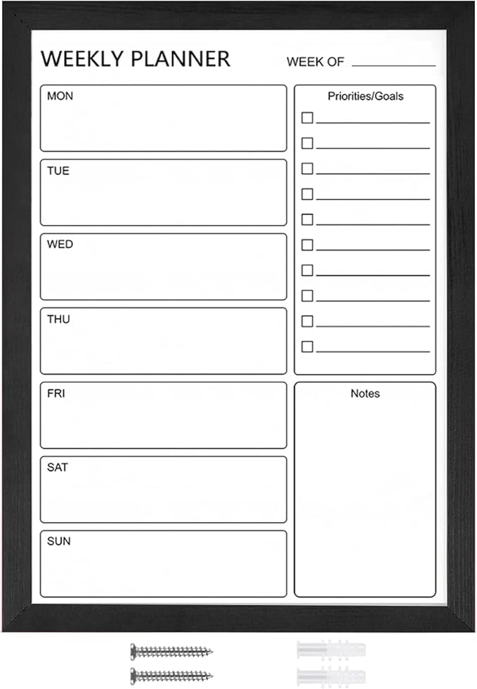 Dry Erase White Board Weekly Calendar Board, Magnetic Whiteboard for Wall,18“x24 Solid Wood Black Framed Message Board, Planner Board for Office, Home, School(Weekly-BB-BK-4560