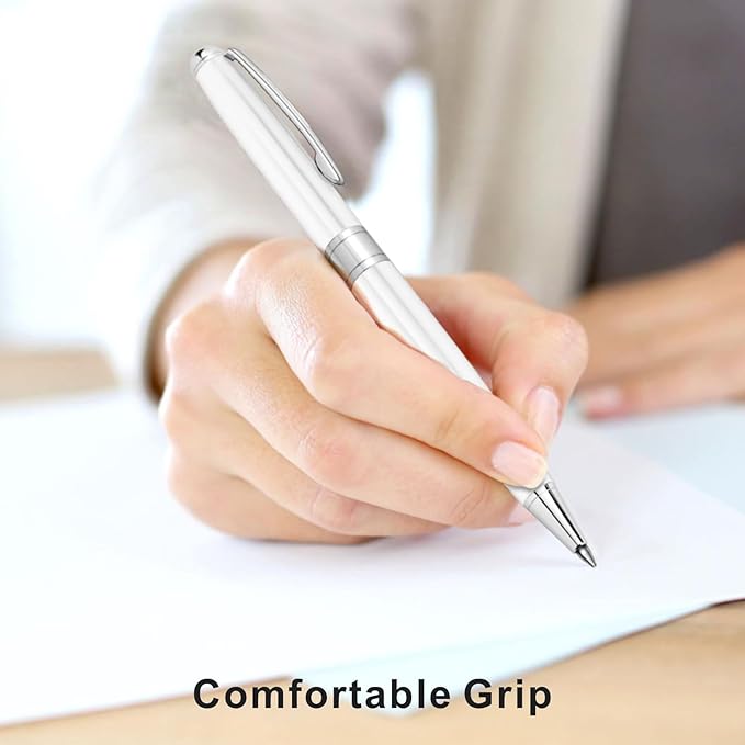 Cambond Ballpoint Pens White Pens - Fancy Pens Black Ink Pens for Journaling Men Gift Business Police Flight Attendant 1.0 mm Medium Point, 3 Pens with 3 Extra Refills (White)
