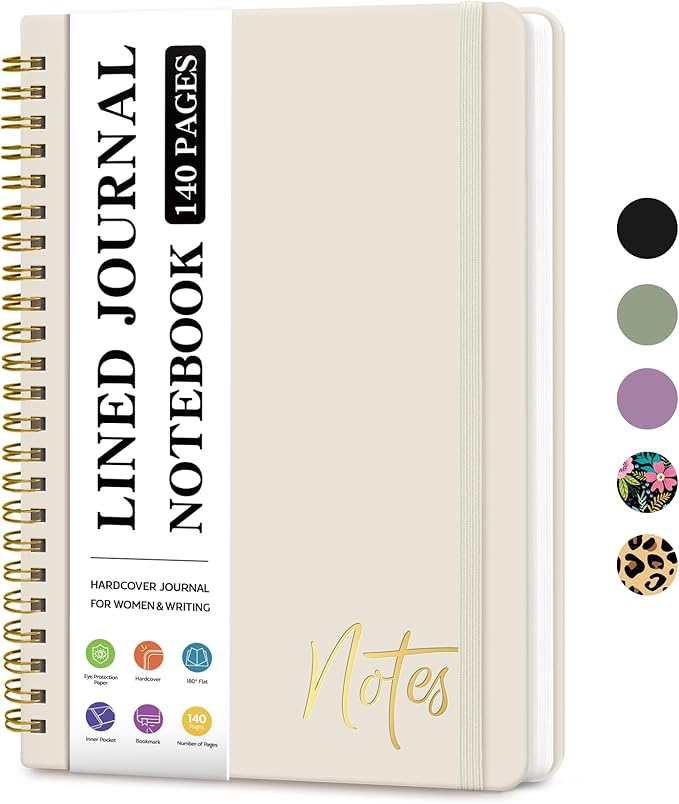 Lined Spiral Journal Notebook for Women, A5 College Ruled Journals for Writing, Hardcover Notebooks for Work, Note Taking and Office School Supplies,140 Pages - Grey Beige