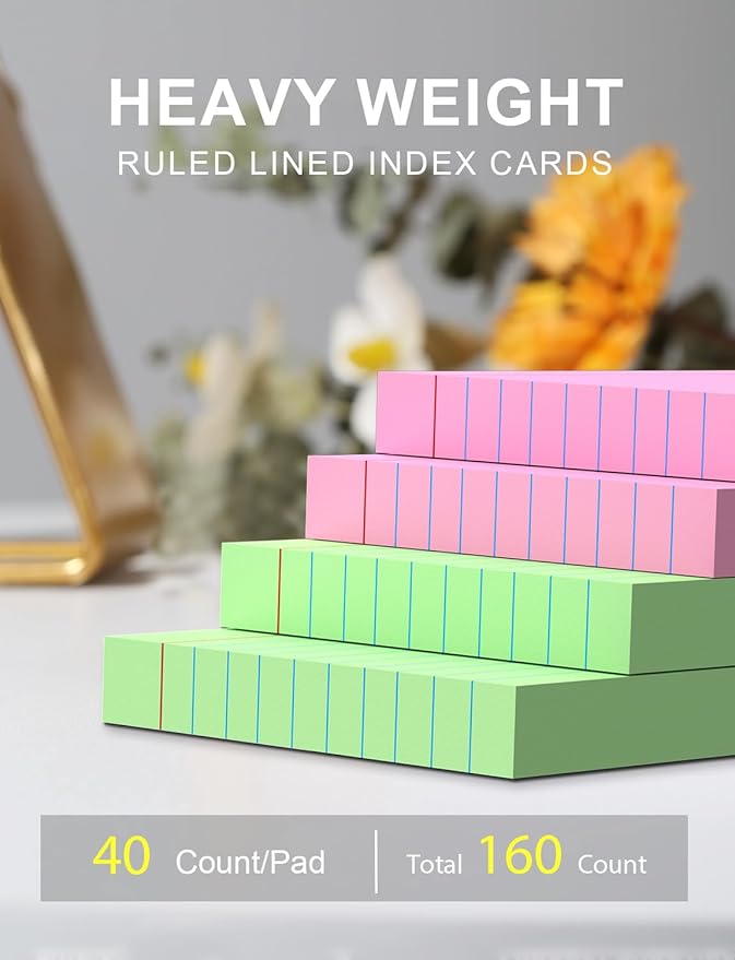 Pink Index Cards 4x6 Inch - 160 Pack, Ruled Index Flash Cards for Studying, Lined Large Pink Note Cards 4" x 6" Colorful, Heavy Colored Flashcards 4 x 6 Notecards for Office & Teaching Supplies