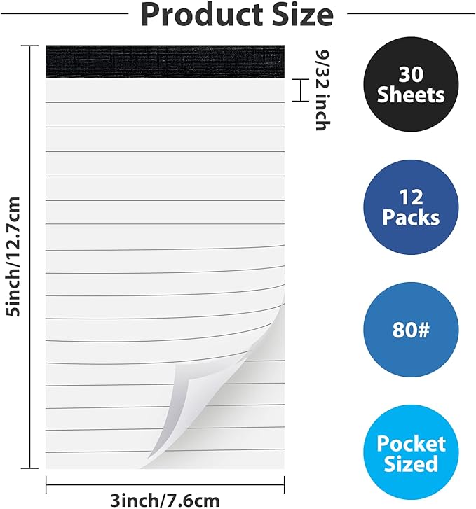 12 Pack Note Pads Refills 3 x 5 Inch Memo Pads Writing Pads, Pocket White Small Notepads Scratch Pads Mini Notebook with 30 Sheets Lined Paper in Each Pad