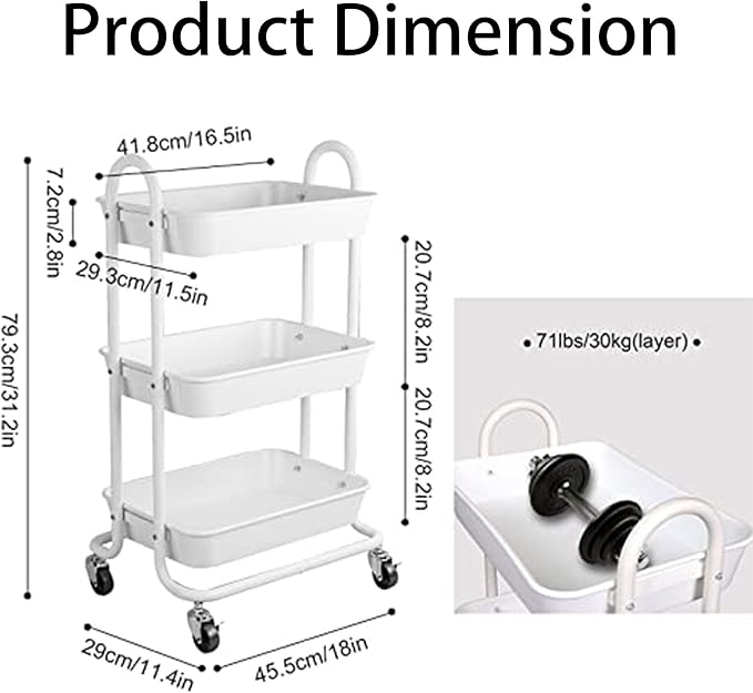 3-Tier White Utility Rolling Cart,Kitchen Storage Carts with Wheels,White Metal Rolling Cart for Office,Home,Kitchen,Garden๏ผ18"x11.4"x31.2"๏ผ