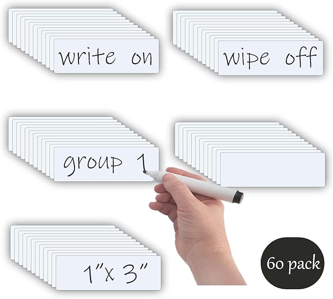 Dry Erase Magnetic Labels (1x3,Pack of 60),Write On Magnets Sticker,Real Waterproof/Reusable for Classroom&Office&Cabinet&whiteboard&Fridge&More (White)