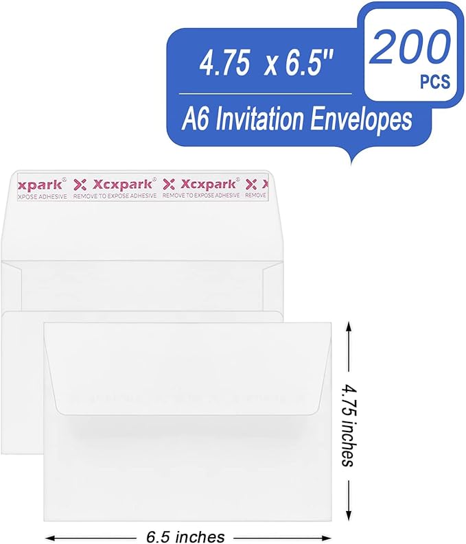 200 Qty Printable A6 Invitation Envelopes 4.75 x 6.5 Cards, Self Seal 120GSM white Paper Envelopes for Invitations, Papers, Photos, Documents, Wedding, Baby Shower, Easy to Seal and Peel
