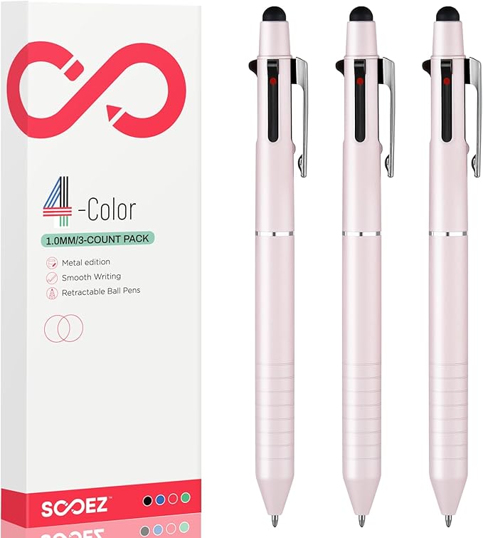Sooez Multicolor Pen in One, Sleek Metallic 4 Color Ballpoint Pens, Medium Point (1.0mm), Retractable Ball Pen with Stylus Tip, Journaling Planner Pens for Nursing School Office Supplies, 3 Pack, Pink