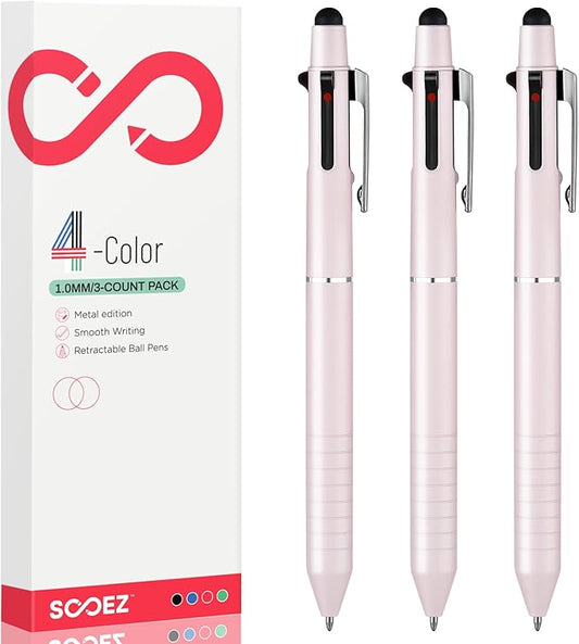 Sooez Multicolor Pen in One, Sleek Metallic 4 Color Ballpoint Pens, Medium Point (1.0mm), Retractable Ball Pen with Stylus Tip, Journaling Planner Pens for Nursing School Office Supplies, 3 Pack, Pink