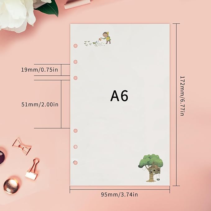 A6 Refills Paper, A6 Binder Planner Loose Leaf Paper,90 Sheets (180 Pages) 6-Hole Notebook Refills for 6-Ring Refillable A6 Ring Binder Notebook Planner, Blank Paper with Pattern
