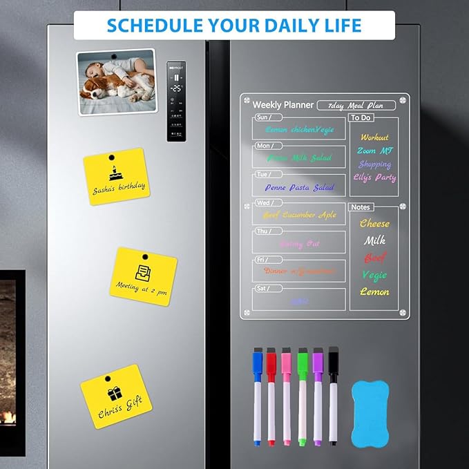 Acrylic Meal Planner Magnetic Menu Board for Kitchen Fridge with 6 Markers, Clear Refrigerator Weekly Planning Noteboard Grocery/Shopping List/Chore Chart, Magnetic Pen Holder Eraser 15.7" x 11.8"