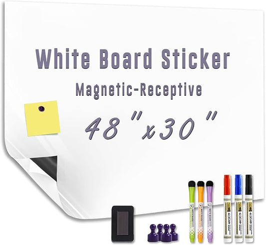 Magnetic Whiteboard Sticker Dry Erase Board for Wall - Adhesive Backing 48'' x 30'' Whiteboard for Classroom Office Home Include Marker Magnet Eraser