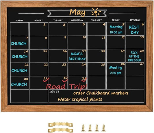 Calendar Chalkboard, 10.6" * 14.6", Magnetic Surface Rustic Brown Solid Pine Wood Frame Chalk Board for Planning/School Timetable/Memo, Hanging Board for Office, School and Home(YLHB-QZ-2737)