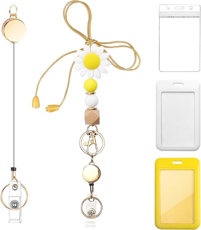 Colorful ID Badge Holder with Silicone Beads Lanyard Set,Cute Teacher Breakaway Lanyard for Keys & Keychain with Cute Retractable Badge Reel Holder,Gift for Women,Nurse, Teacher. (Z)