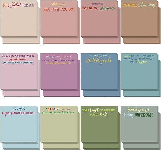 Yinder 24 Pcs Employee Appreciation Sticky Notes Thank You Gifts Bulk Note Pads with Sayings Teacher Gift Mini Pocket Inspirational Notepads for Coworker Office Supply 3 x 3'' (Classic,Thanks)